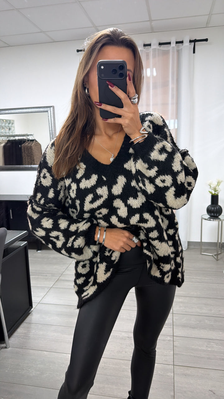 V-AUSSCHNITT LEO Oversize Kuschel - Pullover / schwarz - beige Art. 16698