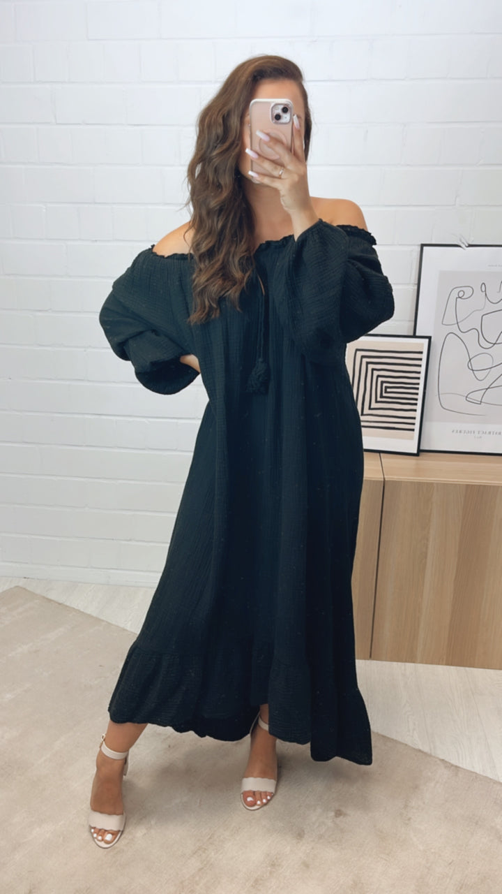 (Maxi-) Vokuhila Musselin Kleid / schwarz Art. 10616