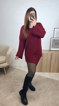 gradliniges Strick Kleid mit weitem Arm, V-Ausschnitt / bordeaux rot Art. 12773