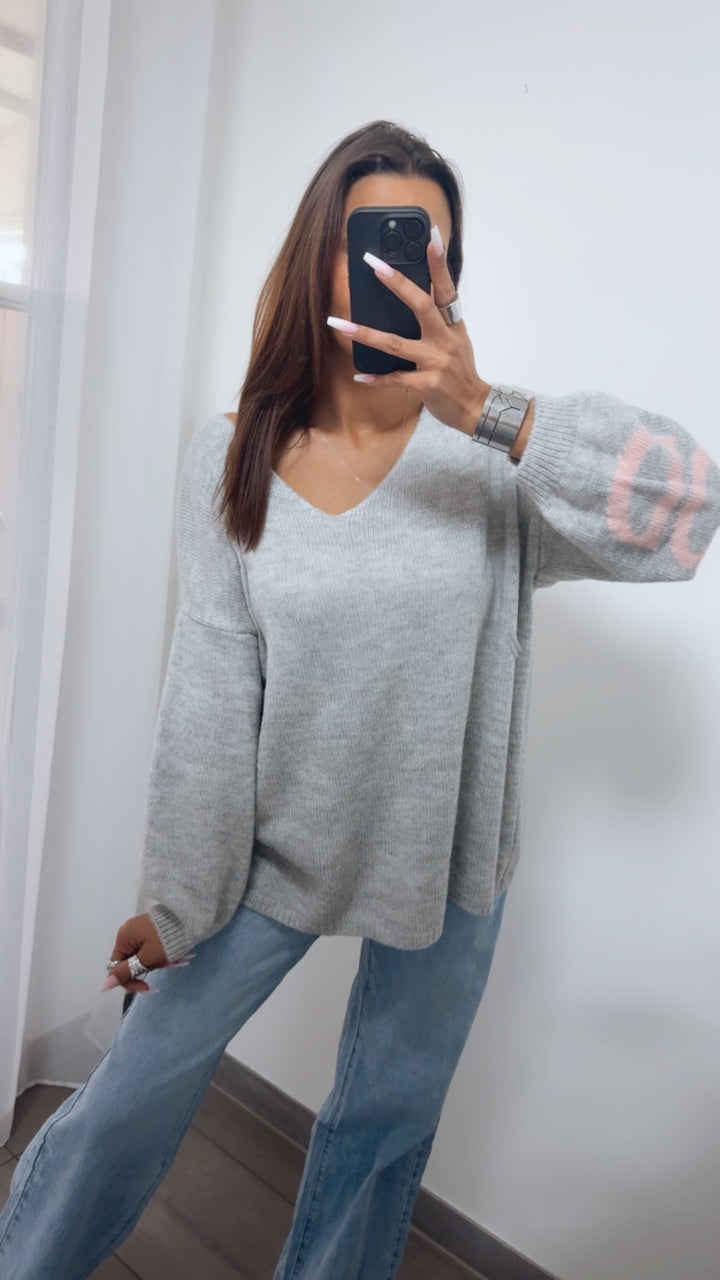 Backprint Strickpullover "it´s all good" / grau- rosa Art. 14281