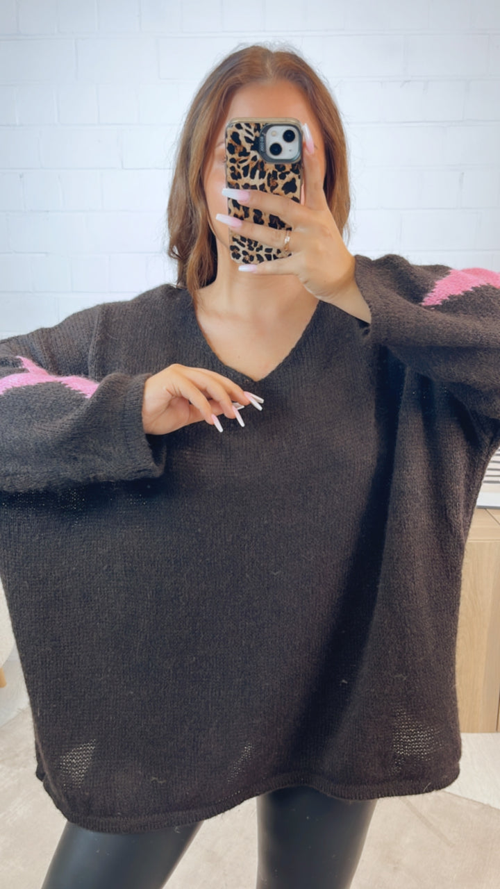 ultra oversize Strick Pullover " Take It Easy " / dunkel braun - pink Art. 12332