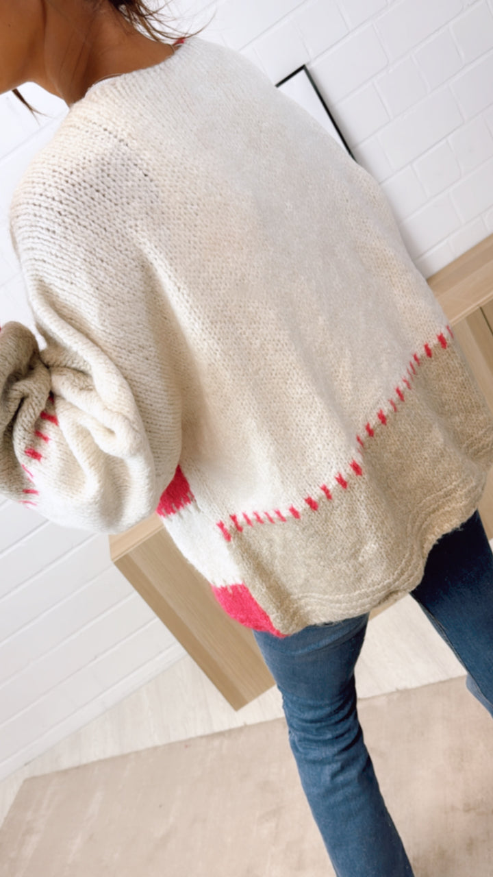 kurzer, mehrfarbiger Strick Cardigan / pink - creme - beige Art. 10724