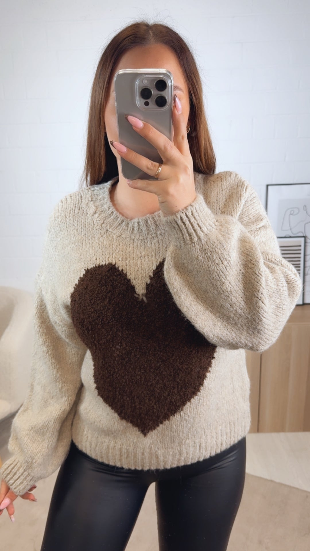 Strick Pullover mit Teddy Herz / beige - schoko braun Art. 13087