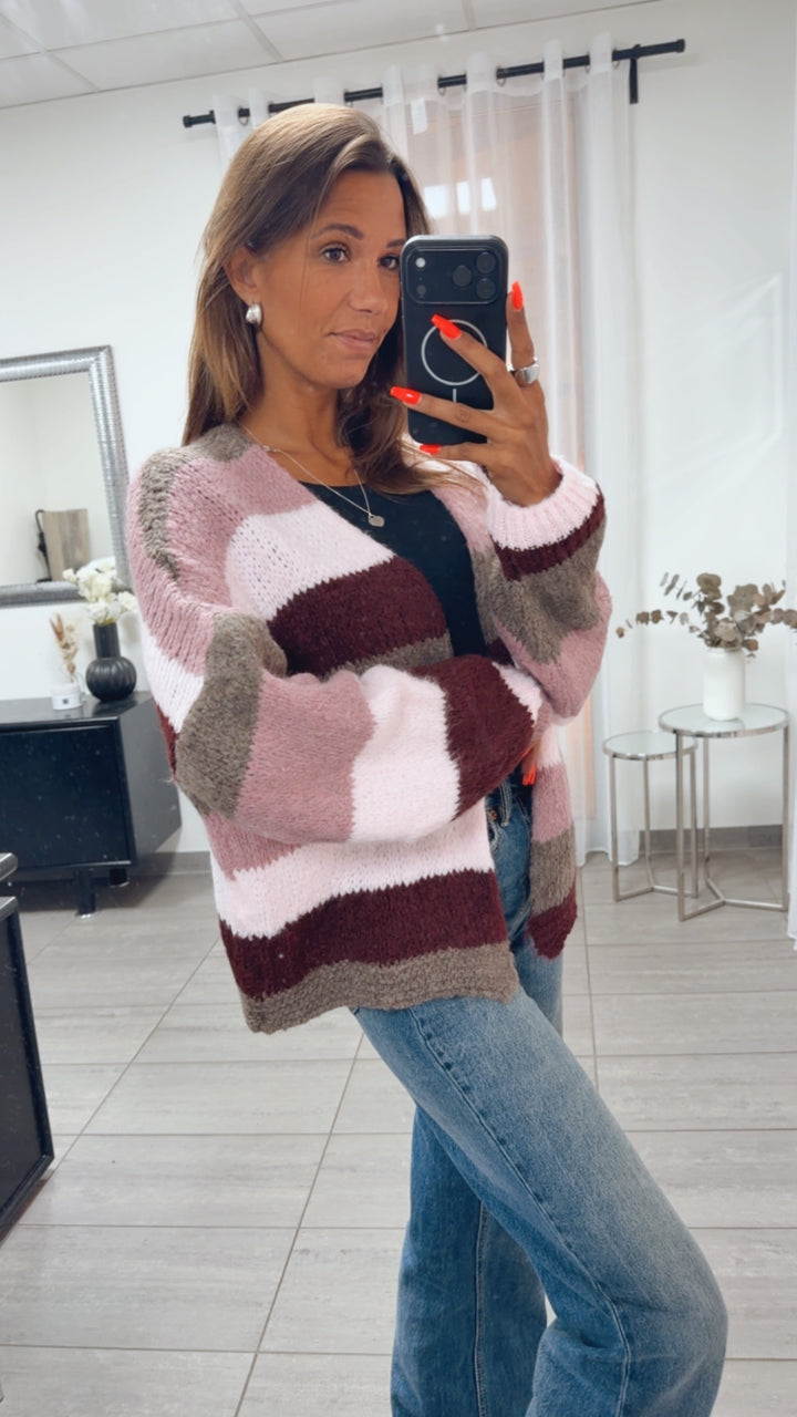 Offener Pastell Streifen Cardigan / braun meliert - Beere - rosa - Bordeaux rot Art. 16152