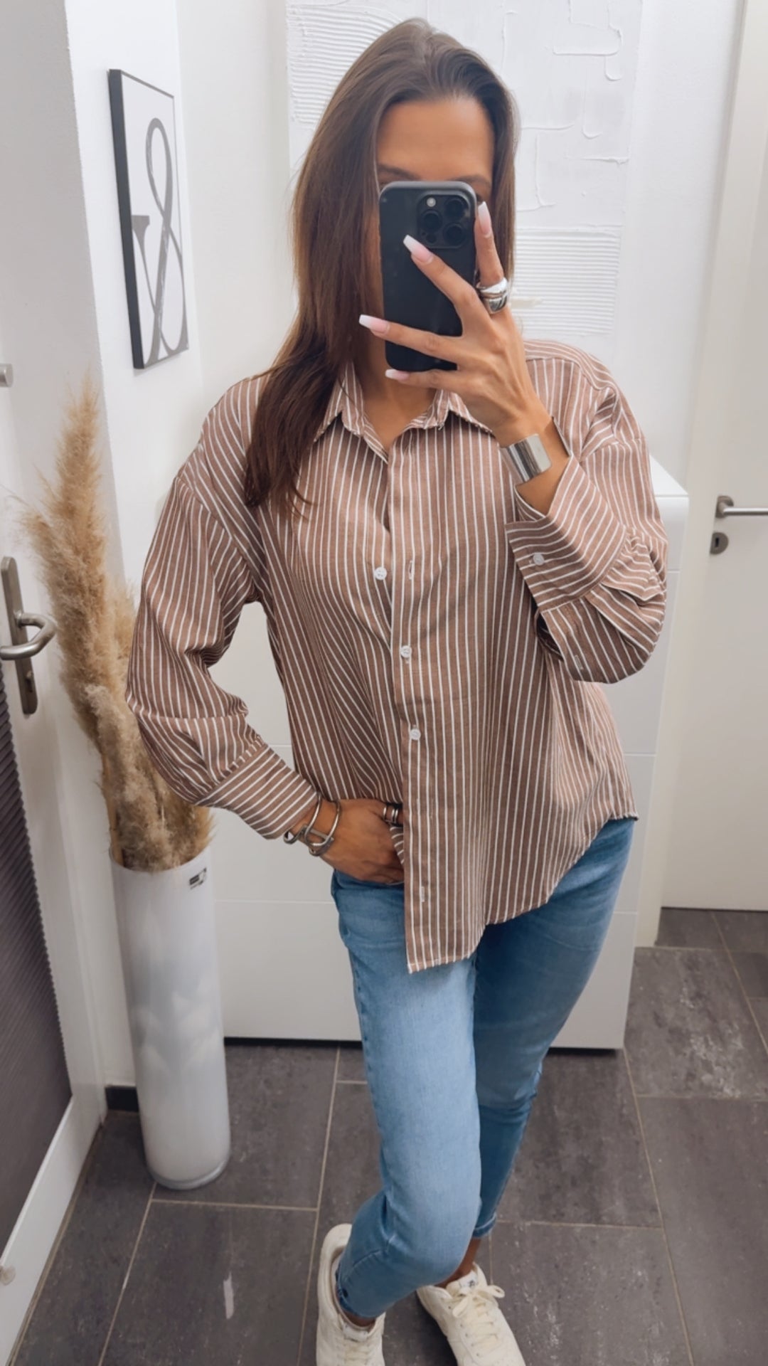 STREIFEN Baumwoll - Leinen Mix Bluse / braun - weiss Art. 14027