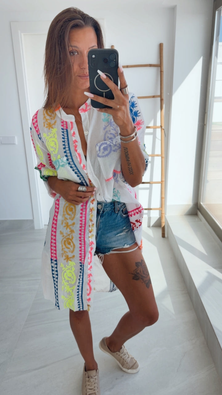 Ethno Muster/ Leichte Boho-Blusenkleid-Tunika mit Neon-Stickerei / Weiß Art.15111