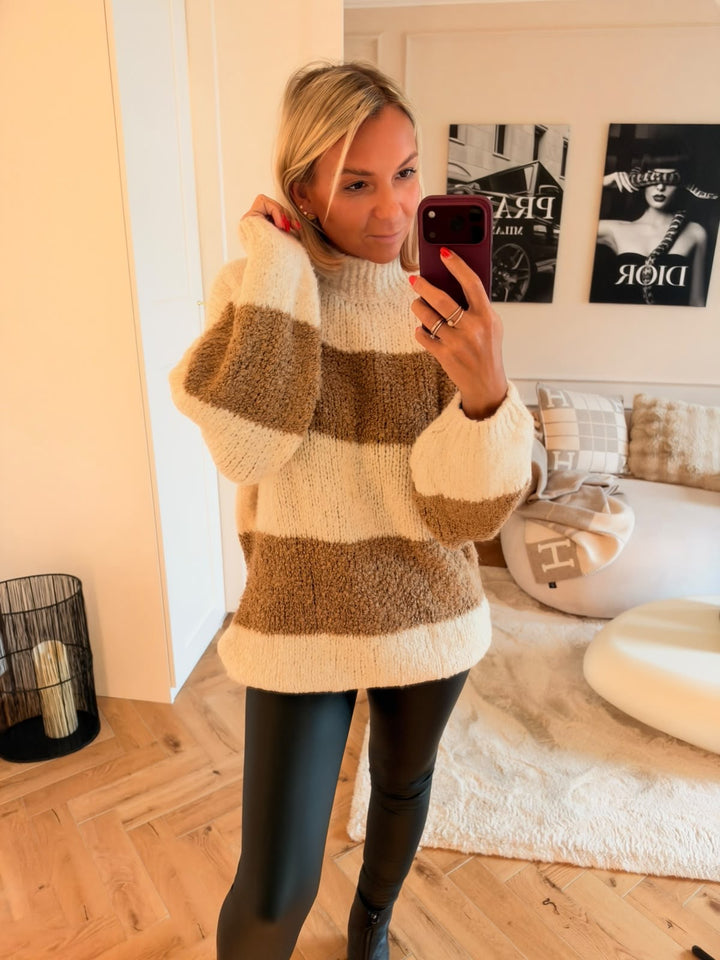 STREIFEN Bouclé Long Pullover, Stehkragen / creme - camel Art. 16623