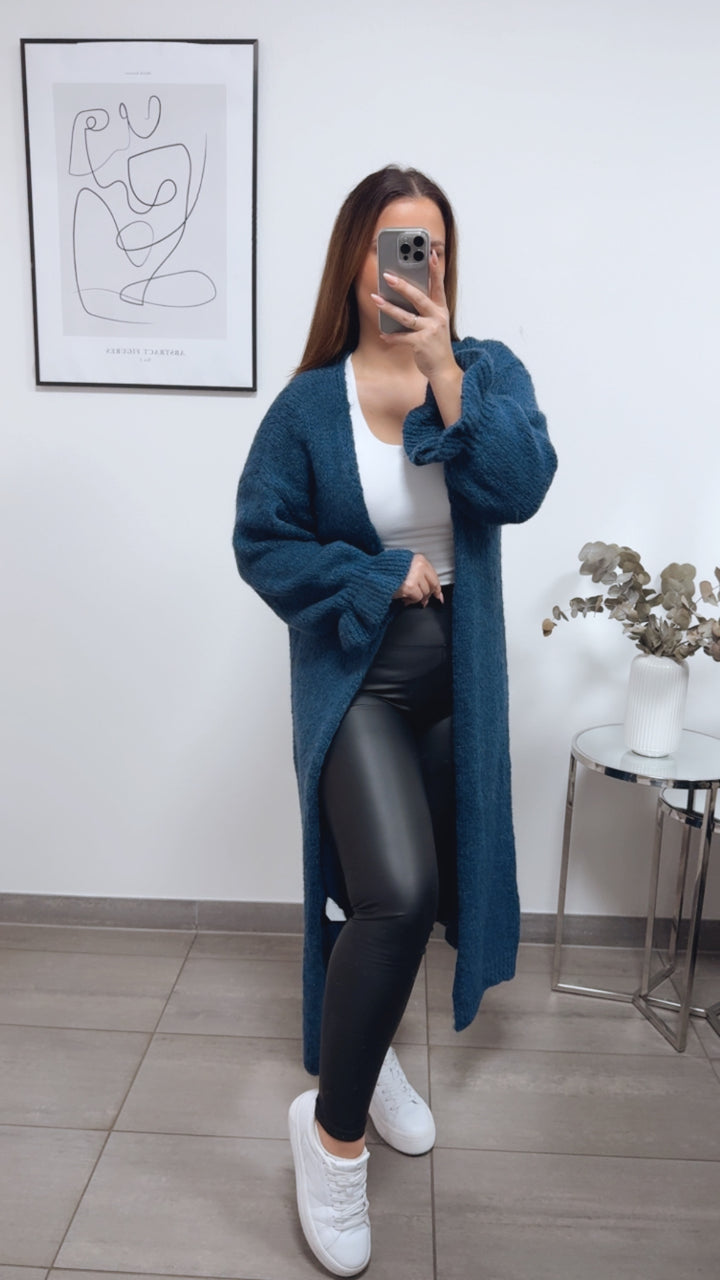langer Kuschel Cardigan mit Volant Ärmeln / petrol blau Art. 13238
