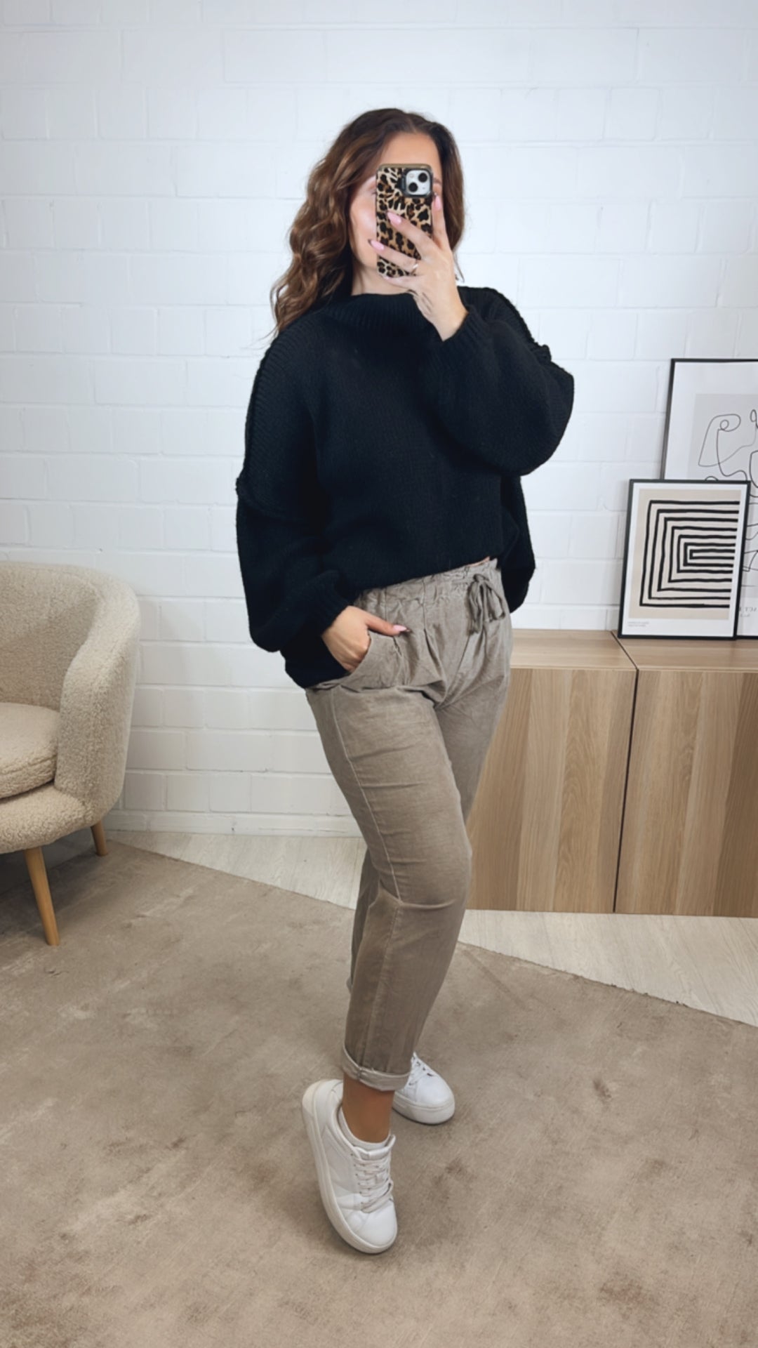 lockere Knitter Optik Hose im Velours Look / taupe Art. 12858