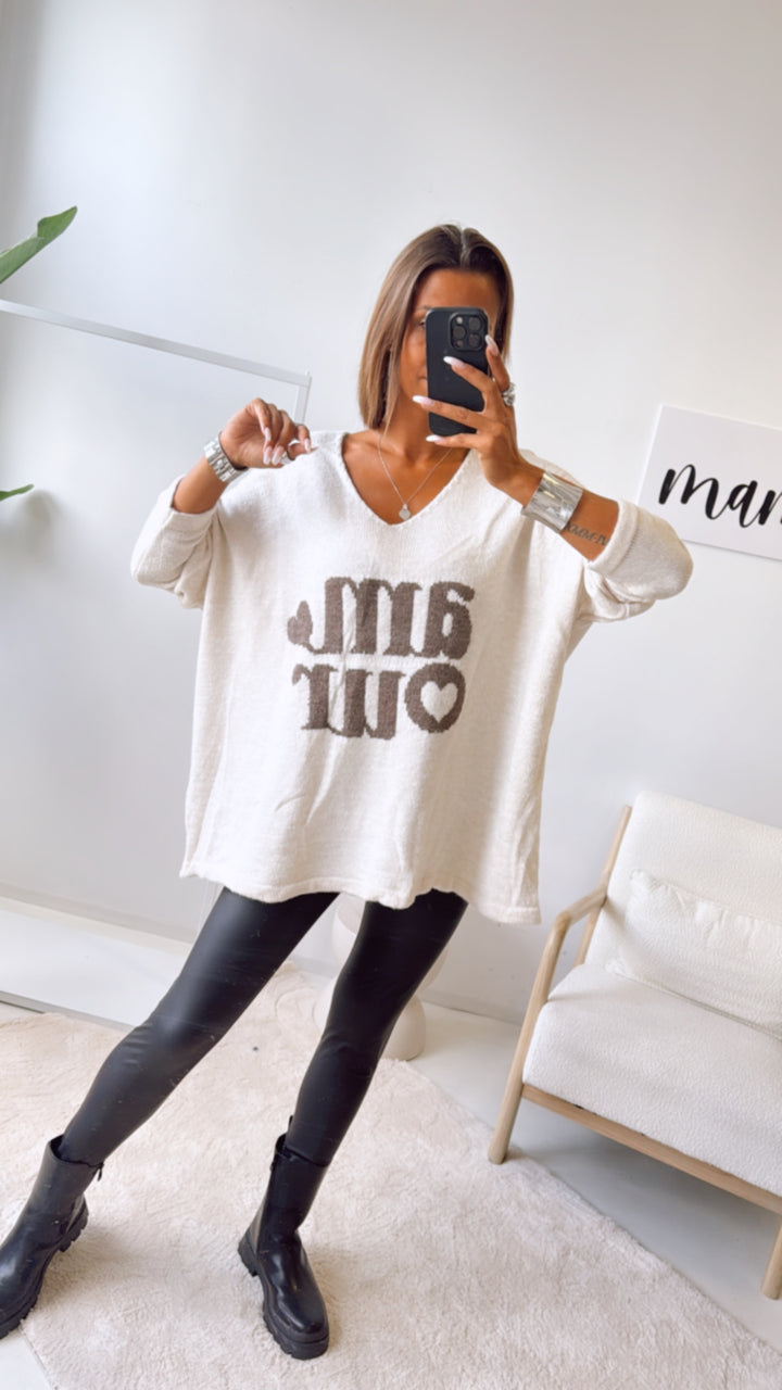 ultra oversize Strick Pullover " Amour " / creme - braun Art. 122317
