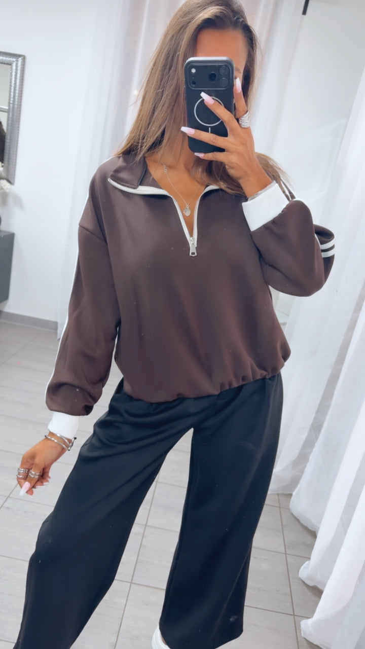 Half - Zip Sweater mit Kontraststreifen / braun - weiss Art. 16188