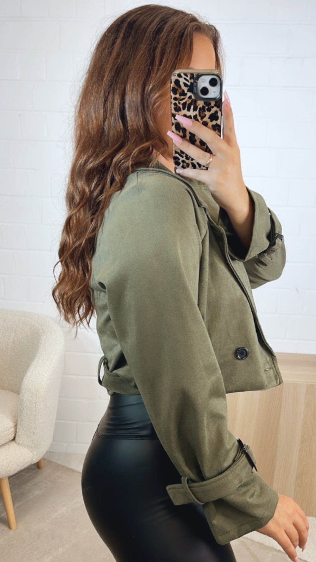 VELOURS kurze Trenchcoat Jacke / khaki Art. 12603