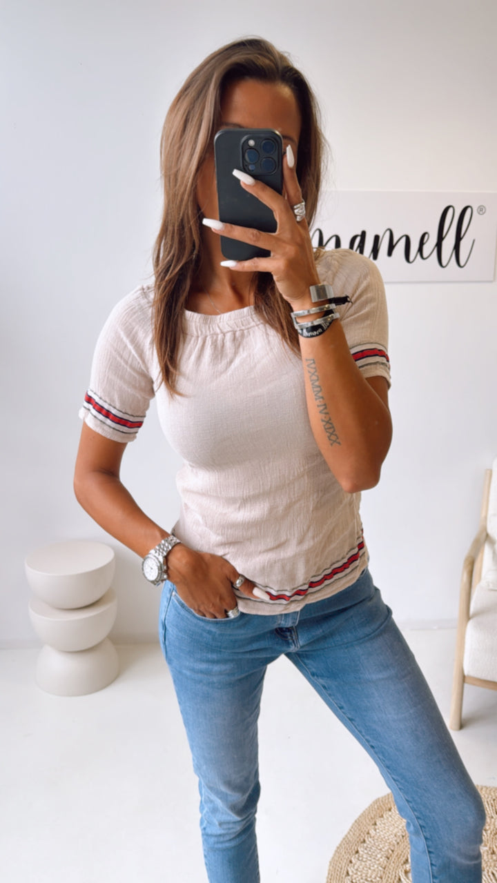 Off - Shoulder Baumwoll Oberteil, Streifen / beige Art. 10522