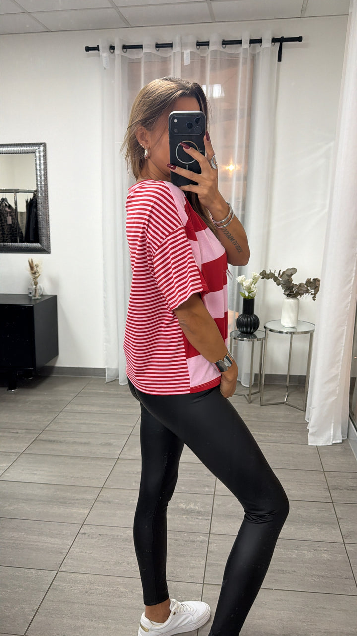 leichtes oversize T-shirt im Streifen Mix / rot - rosa Art. 16498