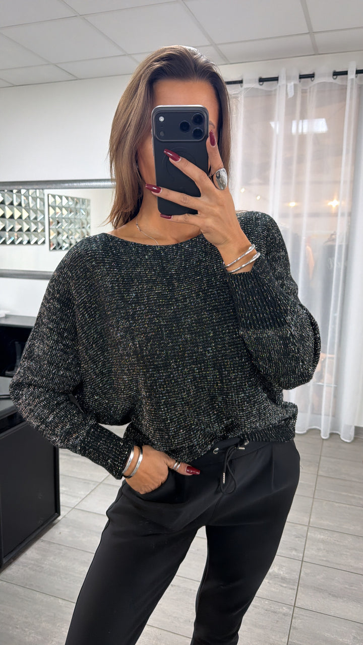 GLITZEREFFEKT Fledermaus Pullover / schwarz - silber Art. 16767