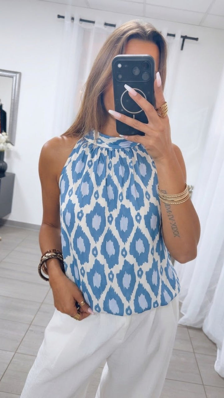 MOSAIK Print ärmelloses Top /  weiss - denim blau - hell blau Art. 15478