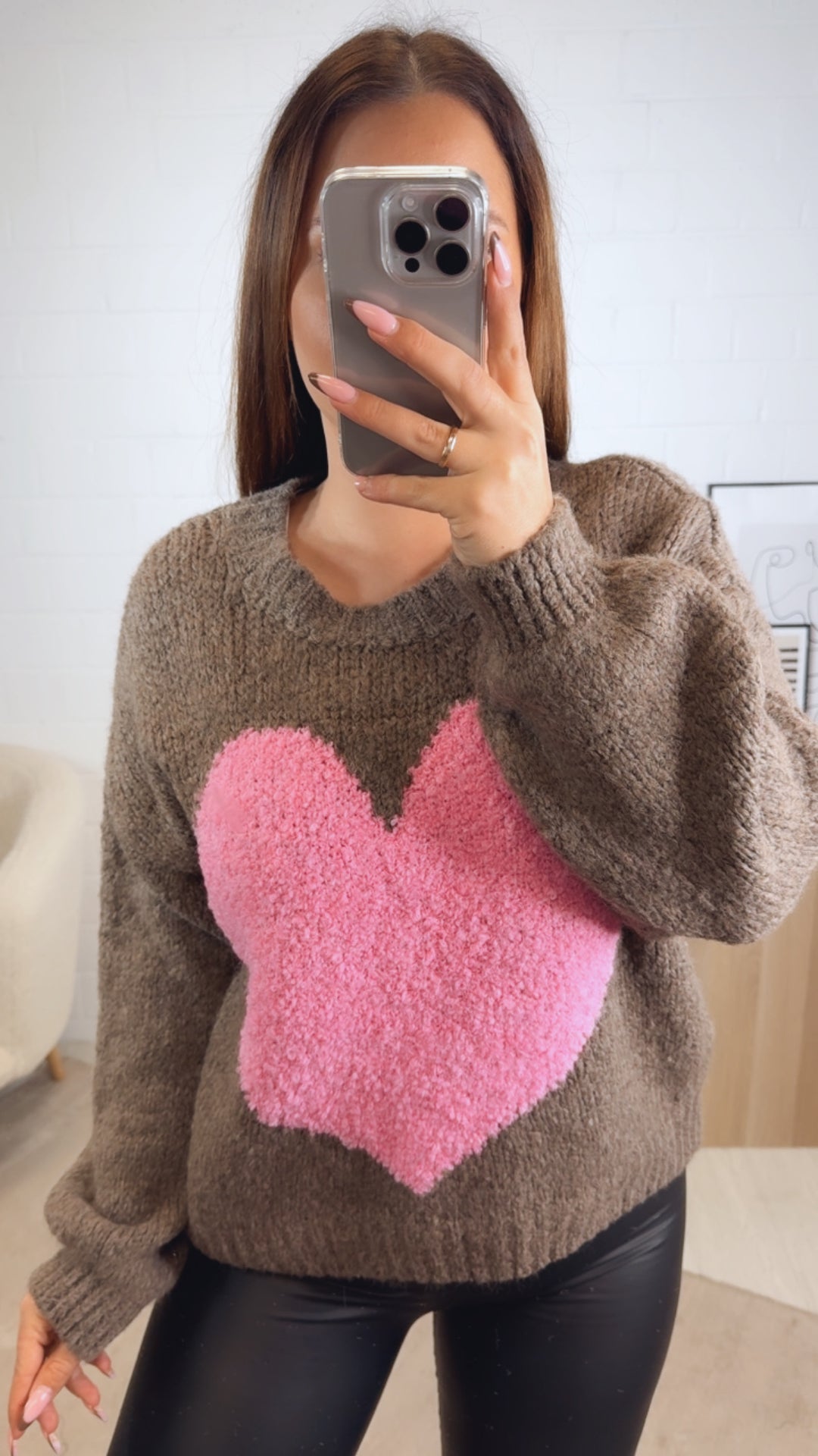 Strick Pullover mit Teddy Herz / braun meliert - pink Art. 13084