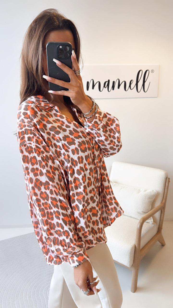 KURZE Oversize Musselin Bluse / Leo wollweiss - braun - orange Art. 8479