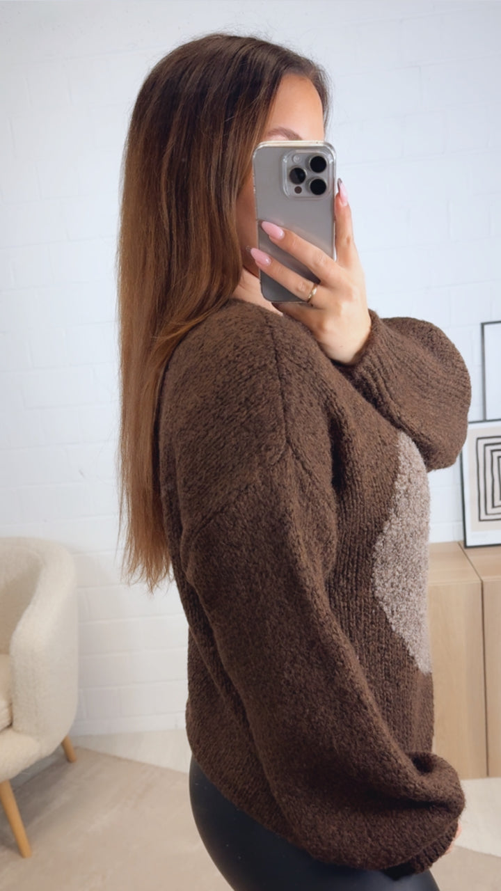 Strick Pullover mit Teddy Herz / schoko braun - braun meliert Art. 13086