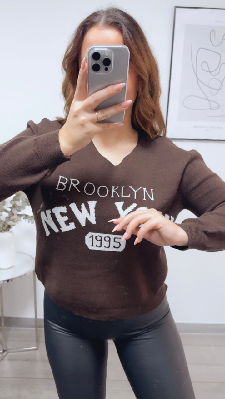 weicher Strick Pullover " New York " / Schoko braun - weiss Art. 13145