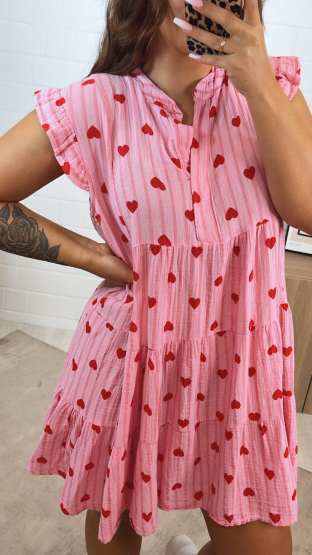 STREIFEN - HERZEN Musselin Hängerchen Kleid / rosa - altrosa - rot Art. 10099