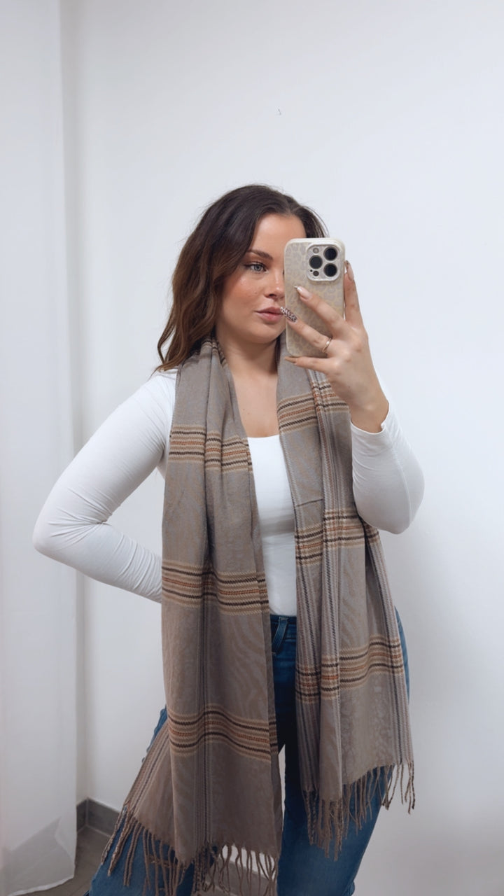 Statement Schal – Mix aus Streifen & Animal / grau - taupe - orange Art. 14359