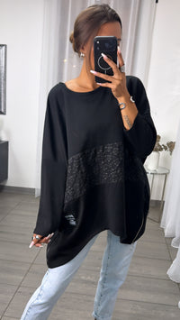 Oversize Long Pullover mit Blumendetails / schwarz Art.16294