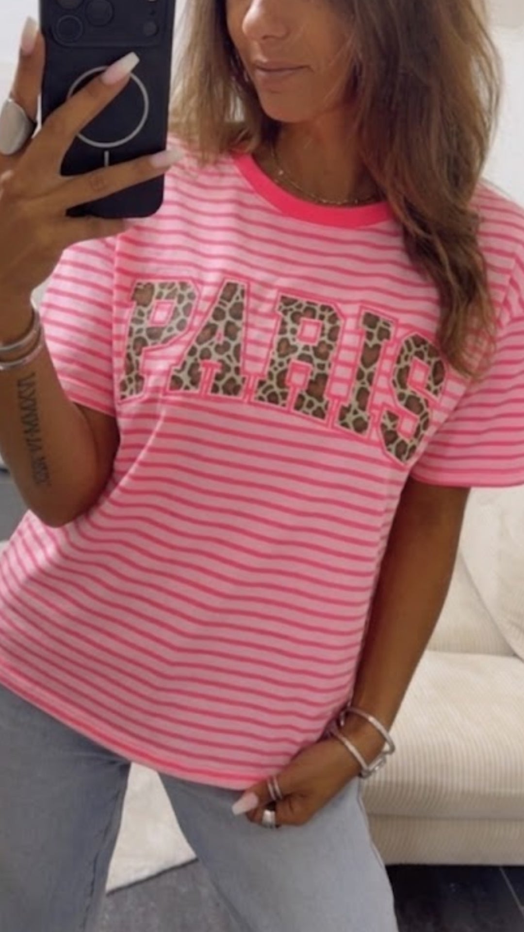 STREIFEN Shirt " Leo PARIS " / rosa - neon pink Art. 15465