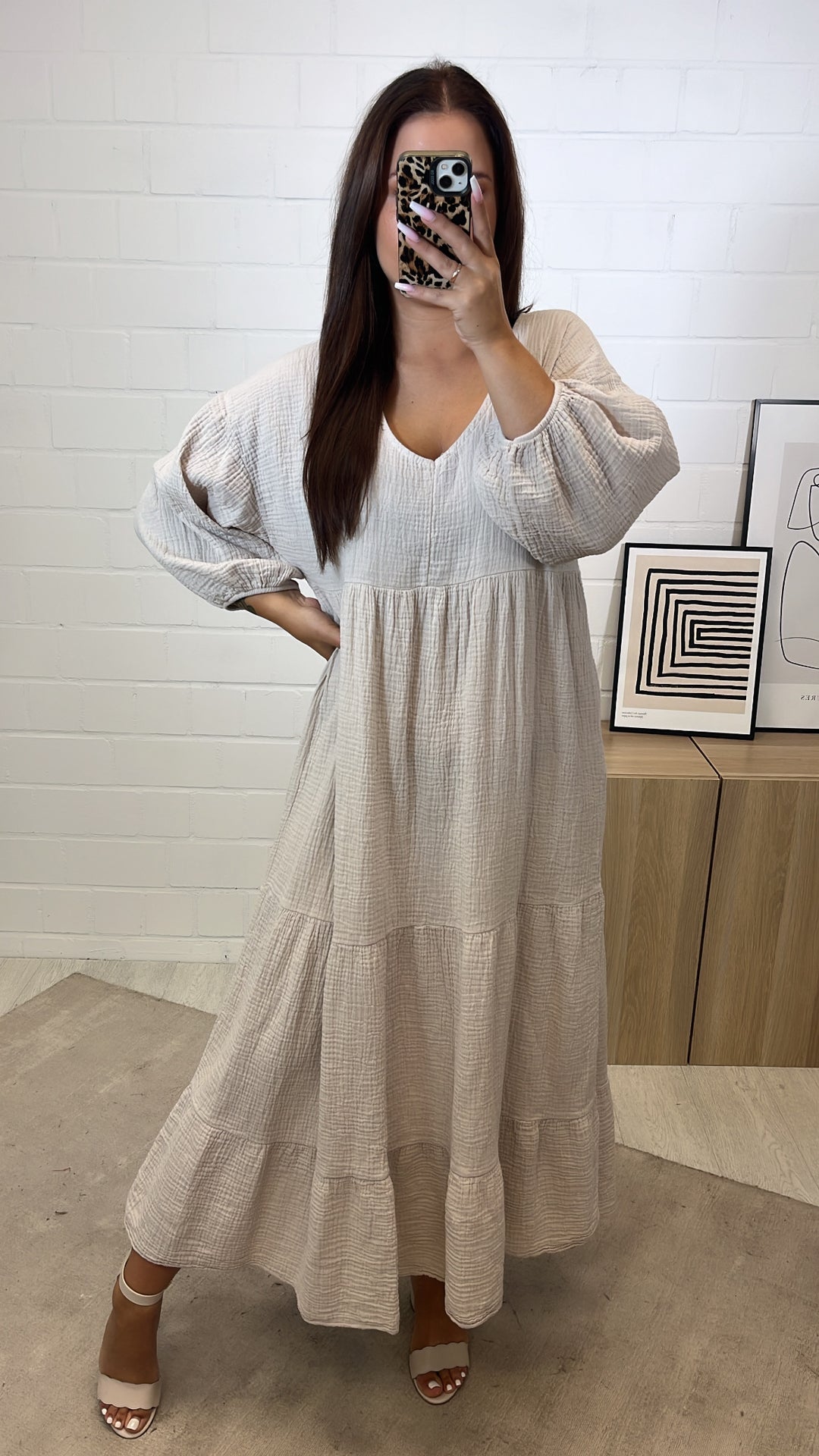 langes Musselin Kleid, Ärmel mit Gummibund / beige Art. 11222