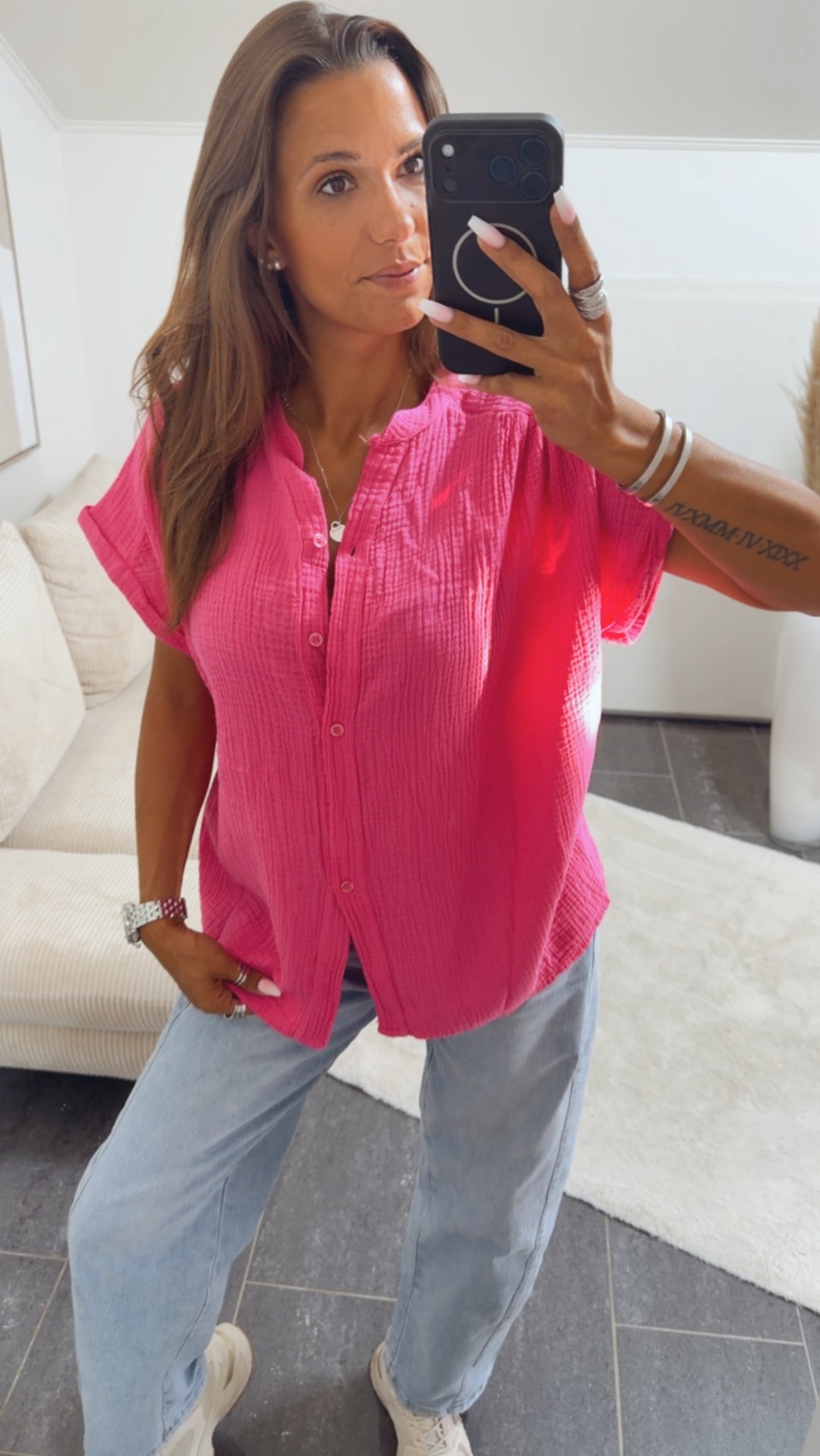 Musselin Shirt mit Knopfleiste, OHNE Kragen / pink Art. 15382