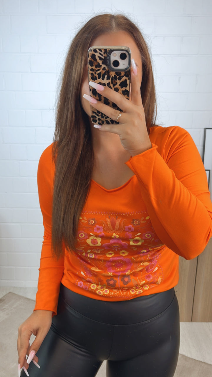 dünnes Langarm Oberteil mit Blumenmuster / orange Art. 9239