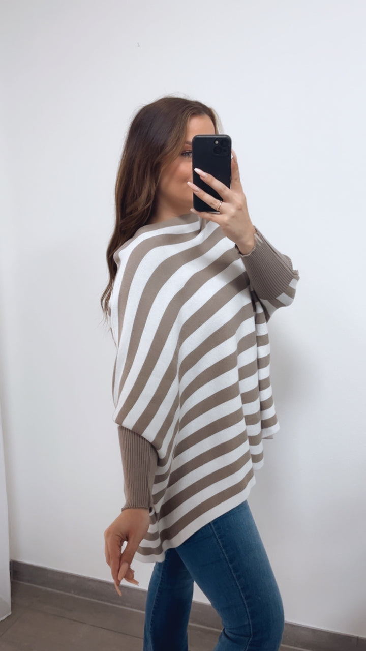 STREIFEN ultra weicher Pullover mit Fledermausärmeln / taupe - creme Art. 14763