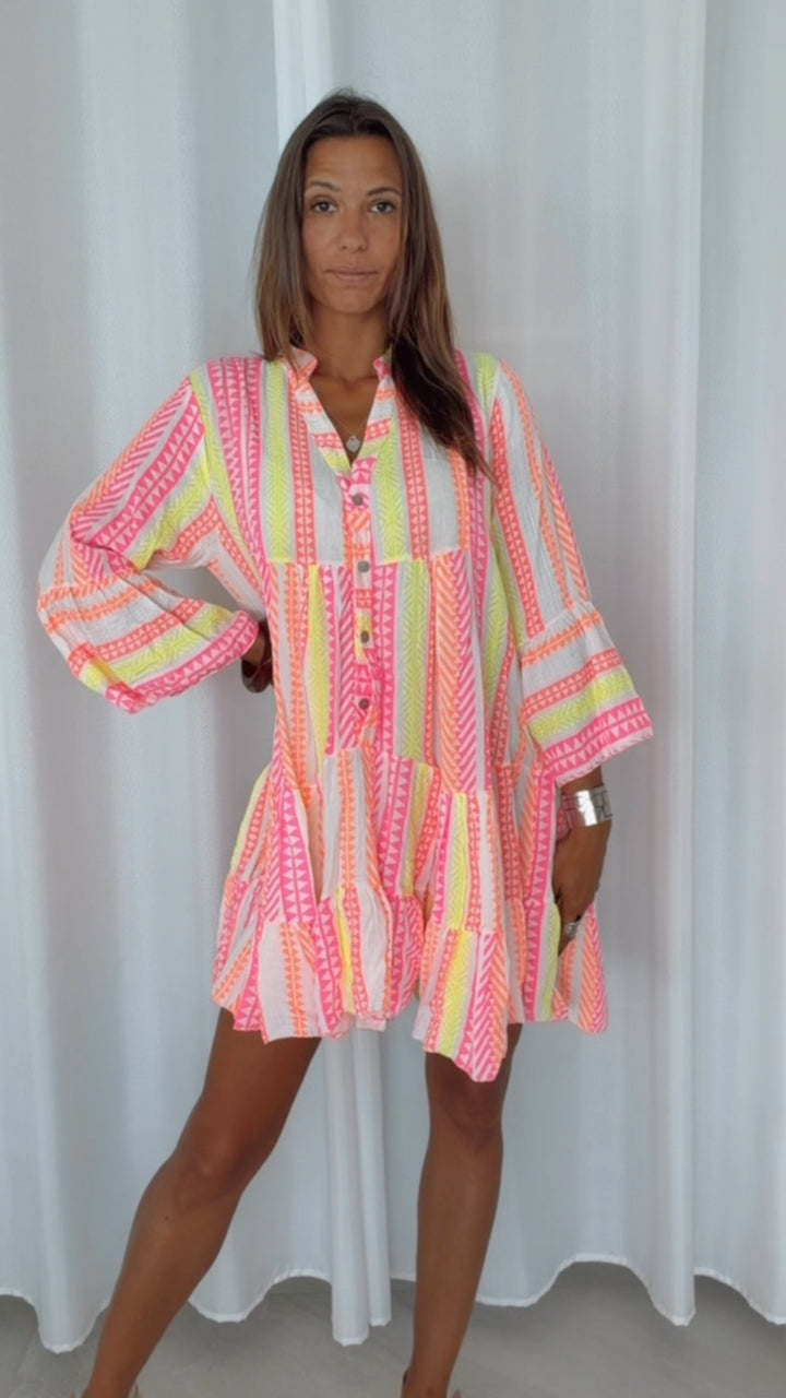 Musselin Kleid / Tunika mit Muster / weiss - neon gelb - neon pink - orange Art. 15257