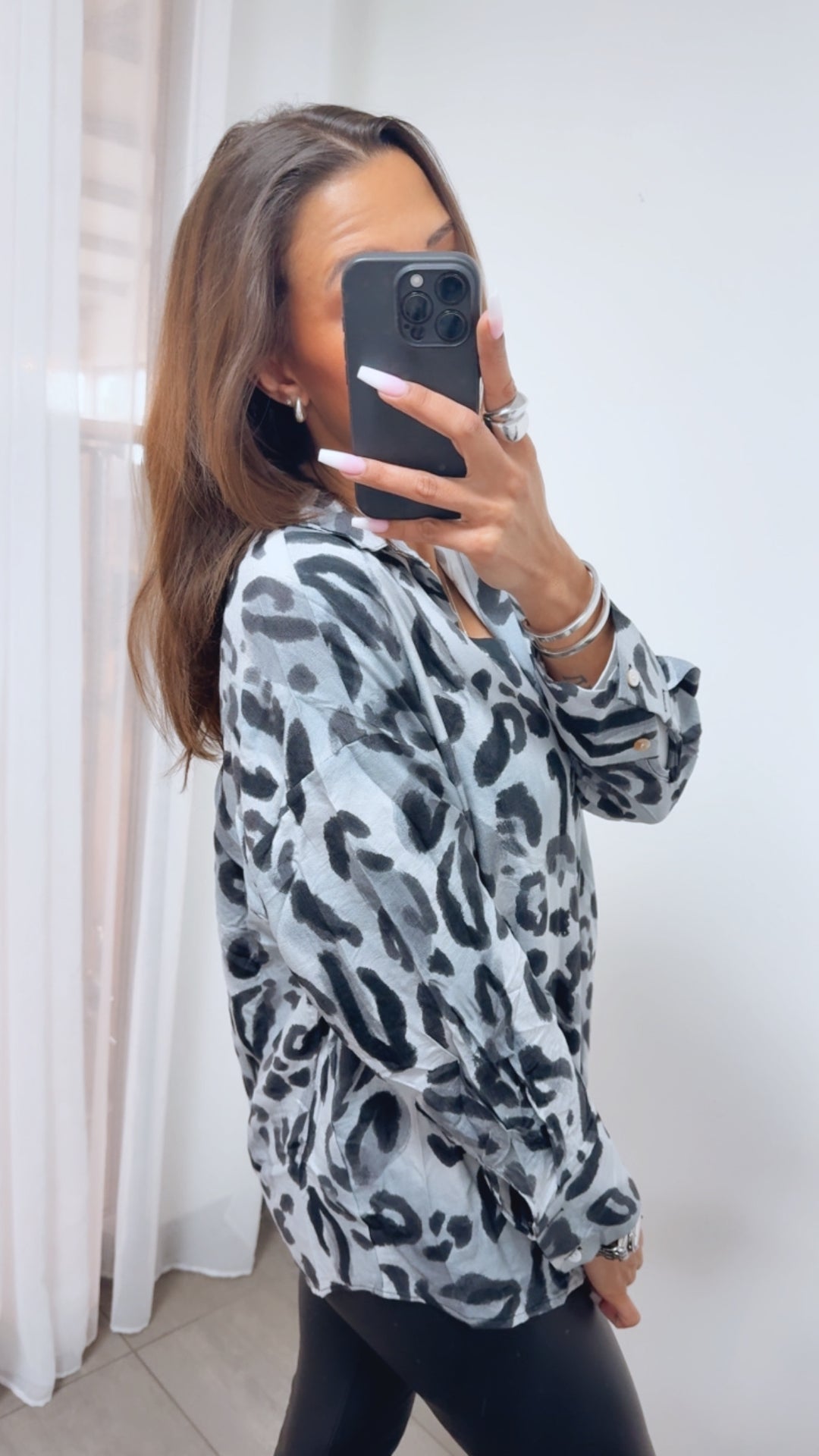 LEO Viskose - Leinen Bluse / grau - schwarz Art. 14019