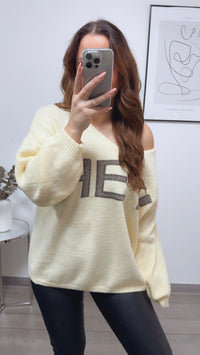 Strick Pullover " HEY ! " / soft gelb - taupe Art. 13150