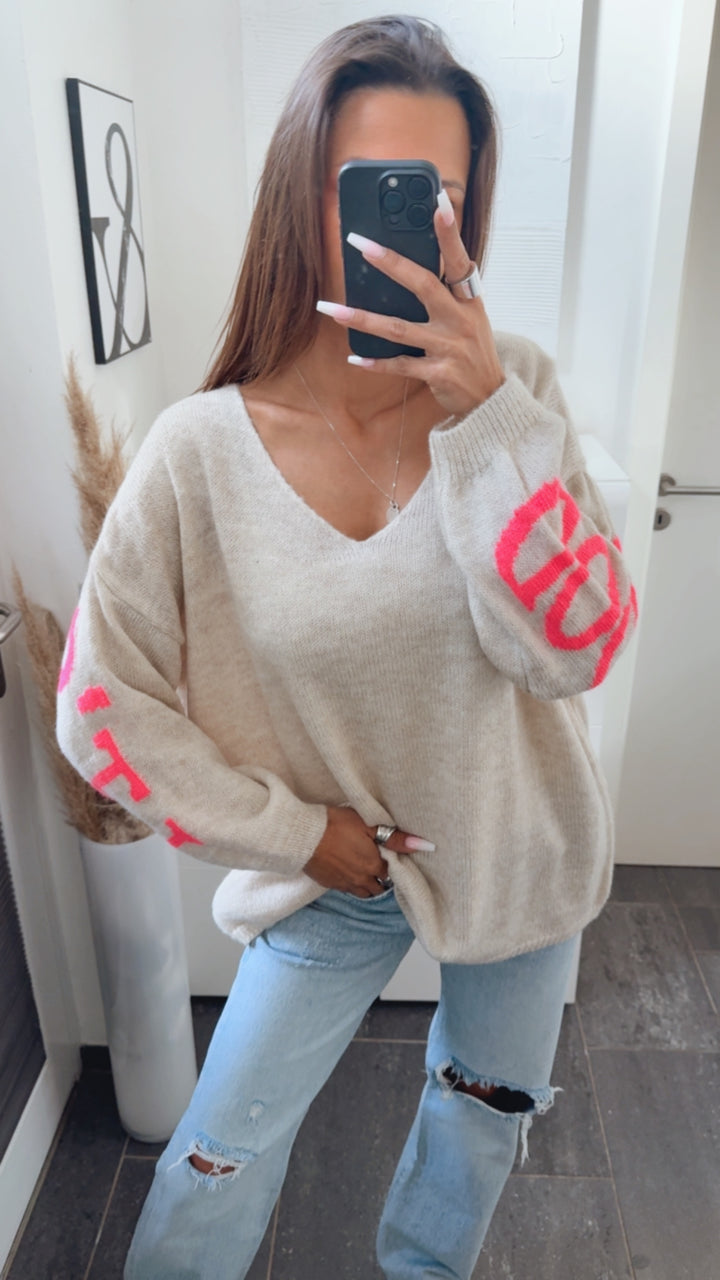 Backprint Strickpullover "it´s all good" / beige - neon pink Art. 14280