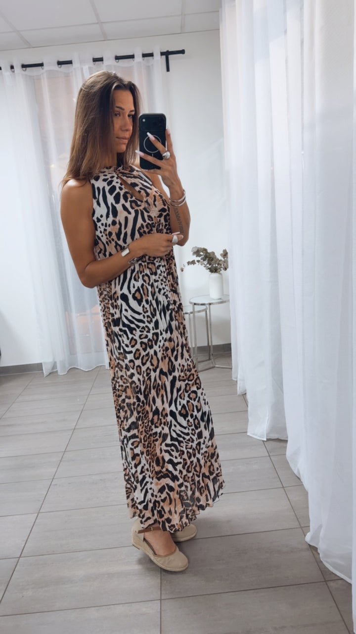 PLISSEE MAXI Kleid Leo / creme - braun - schwarz Art.15109