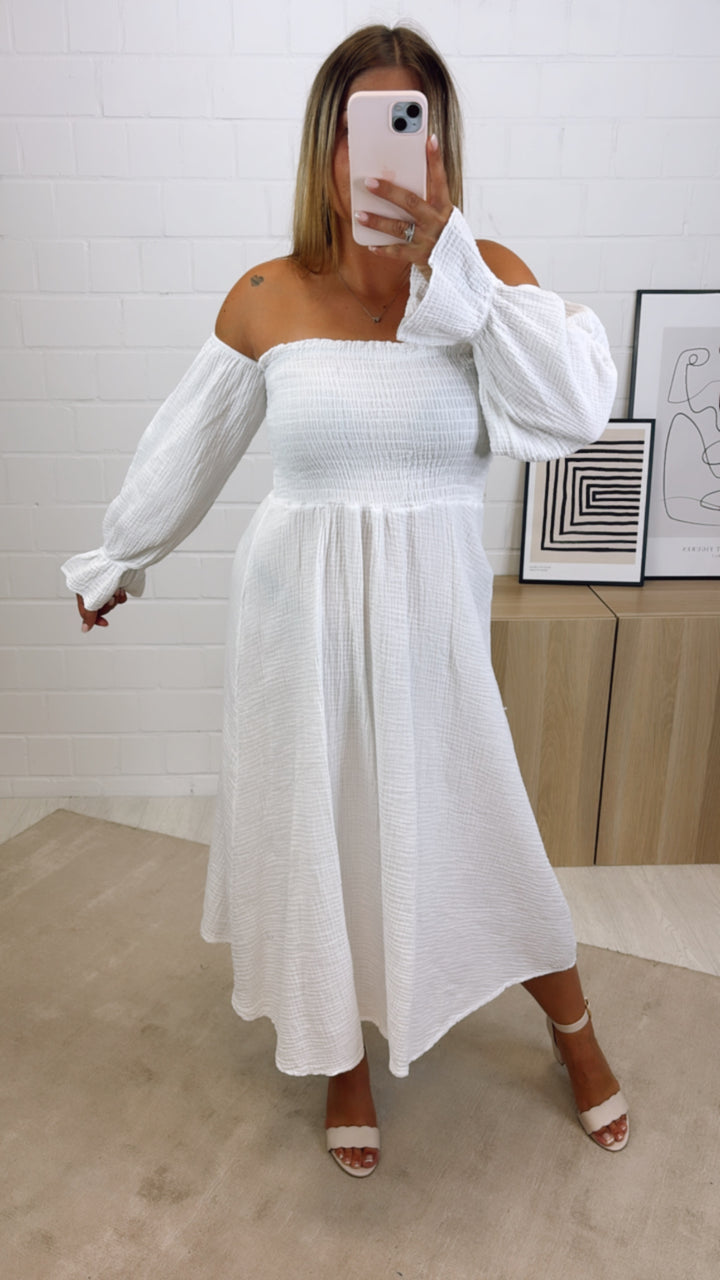 (Midi-) off - shoulder Musselin Kleid / weiss Art. 10865