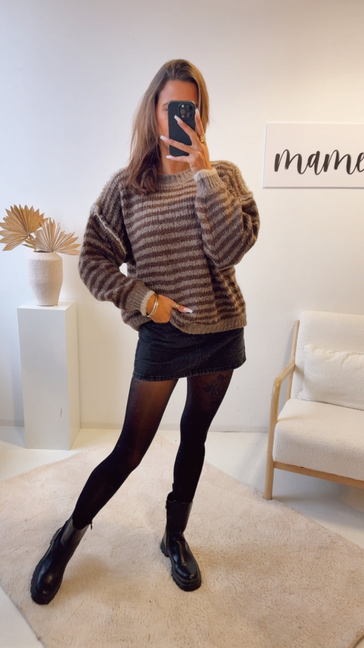 kurzer Kuschel Pullover, gestreift / braun meliert - Schoko braun Art. 12757 KHX