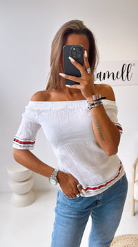 Off - Shoulder Baumwoll Oberteil, Streifen / weiss Art. 10523