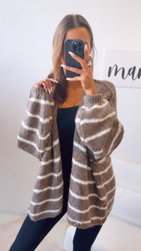 offener Strick Cardigan mit Streifen / taupe - wollweiss Art. 12475