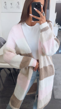 STREIFEN langer offener Cardigan / woll weiß - rosa - creme - taupe Art. 14490