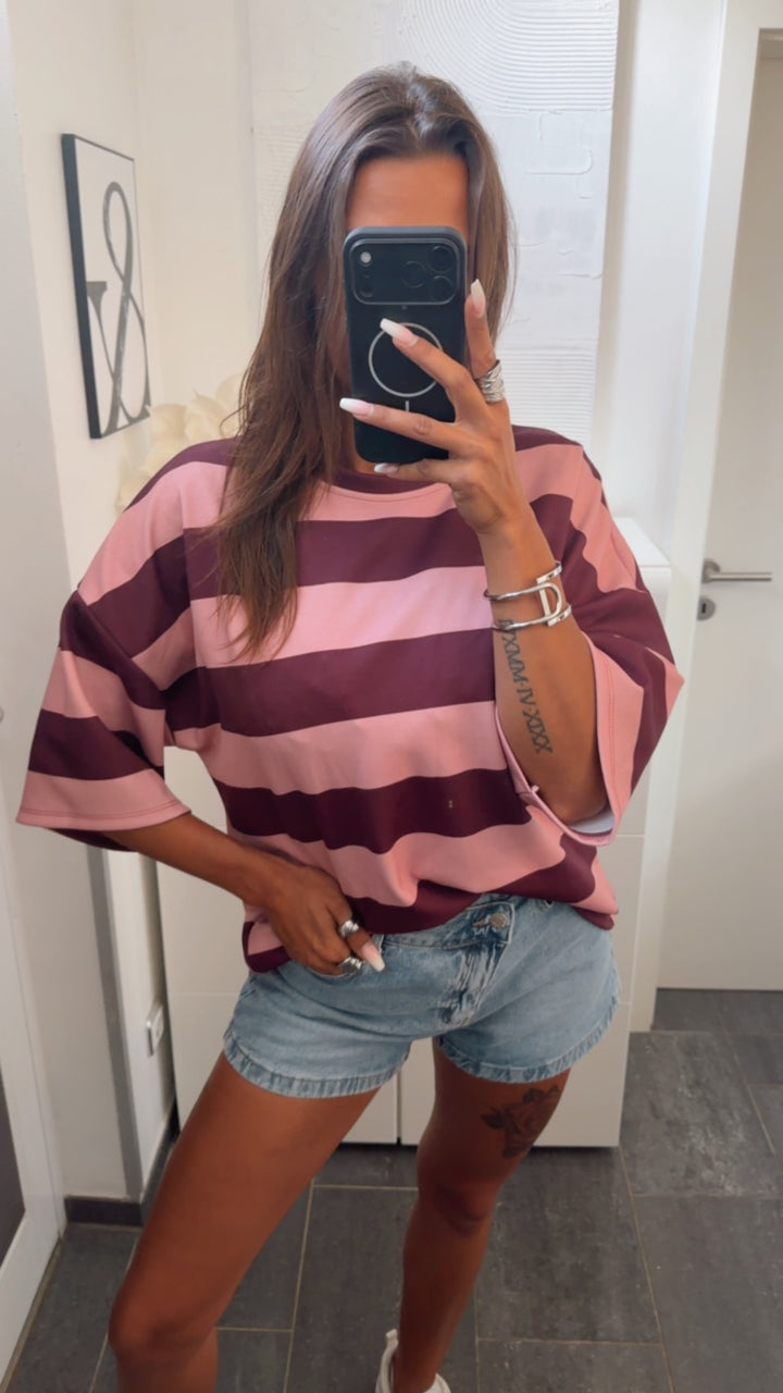Oversize Butterstoff Shirt mit STREIFEN / rosa - aubergine Art. 15885