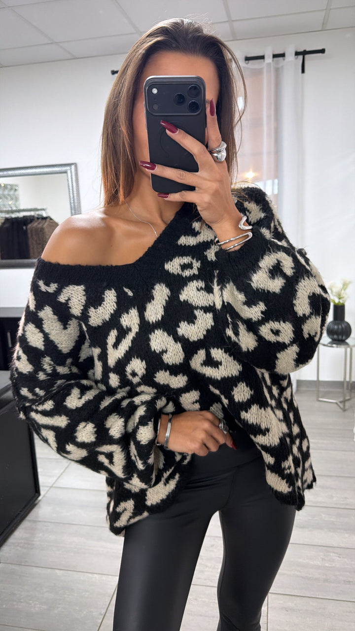 V-AUSSCHNITT LEO Oversize Kuschel - Pullover / schwarz - beige Art. 16698