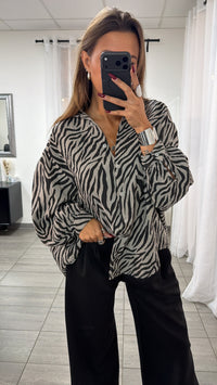 ZEBRA KURZE Oversize Musselin Bluse / grau - schwarz Art. 16462