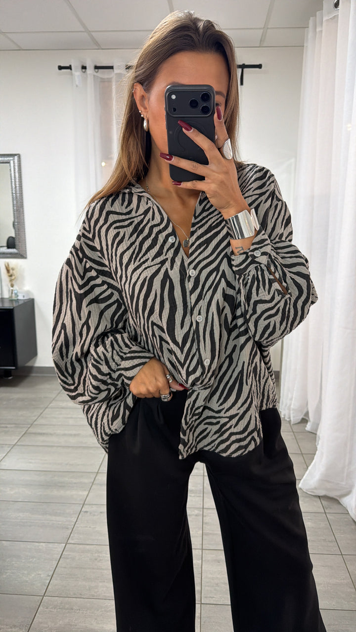 ZEBRA KURZE Oversize Musselin Bluse / grau - schwarz Art. 16462