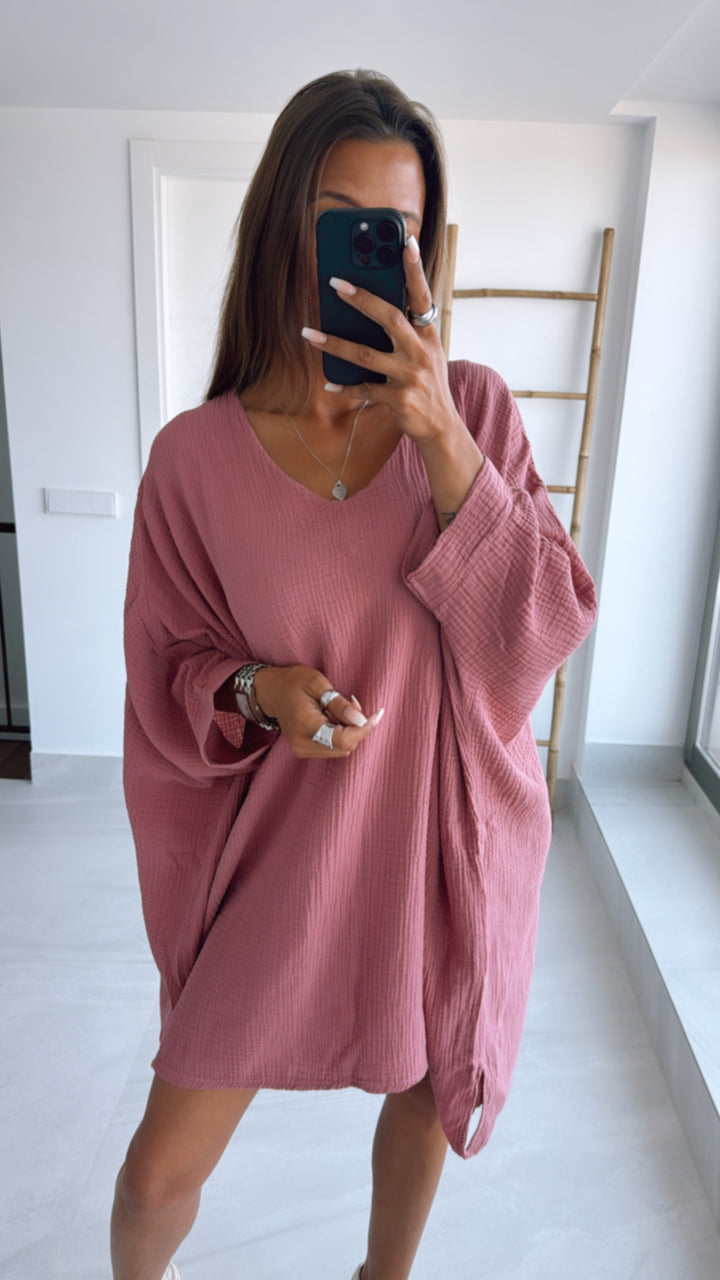 Musselin Ultra Vokuhila Long Bluse / helle beere Art. 9778