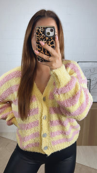 TEDDY STREIFEN Cardigan mit Perlmutt Knöpfen / soft gelb - soft rosa Art. 13020