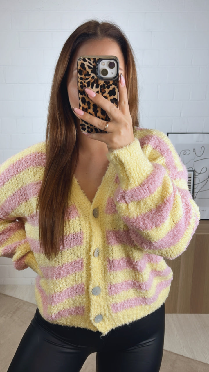 TEDDY STREIFEN Cardigan mit Perlmutt Knöpfen / soft gelb - soft rosa Art. 13020