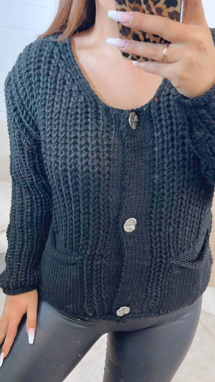 grober, kurzer Strick Cardigan, große Knöpfe, Taschen / schwarz Art. 12450